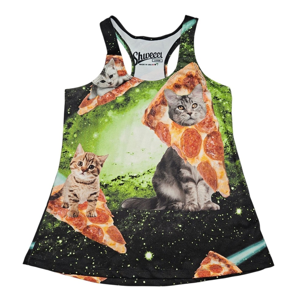 Shweeet Graphic Tank Top Cat Pizza Space Galaxy All Over Print Sz L